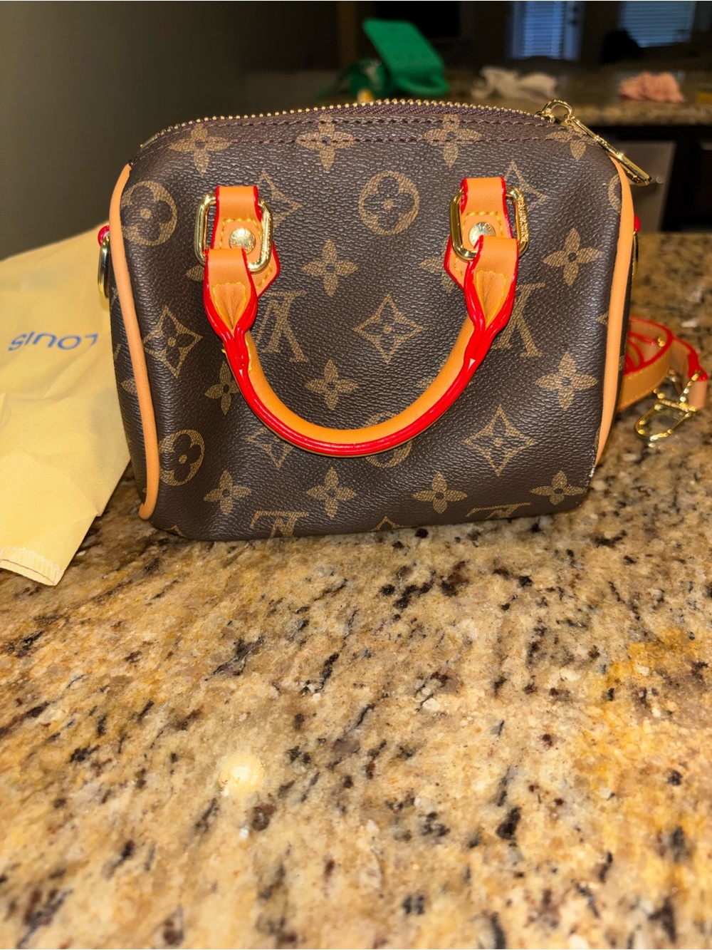 Brown Monogram Satchel with Red-Orange Handles - Picture 5 of 9